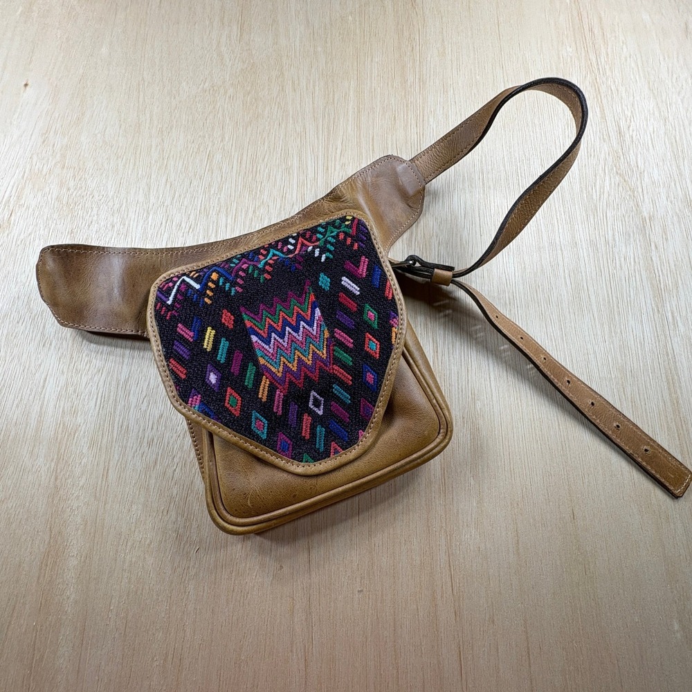 Handmade Leather Waist Bag Boho Geometric Textile Hip Pack Tan Festival Belt Bag